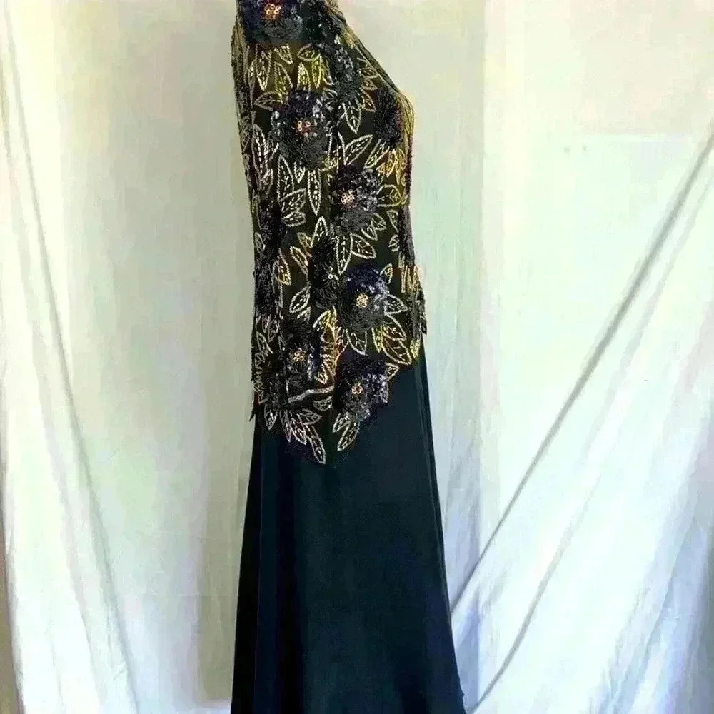 Vintage 1980s Morgan Taylor Evening 100% Silk Black Gold Beaded Sequins Dress - Picture 7 of 10
